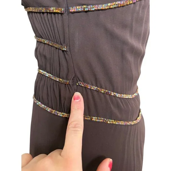 Y2K BCBGMAXAZRIA Brown Asymmetrical Fairy Dress Breaded, Size 4, 100% Silk - Picture 6 of 11